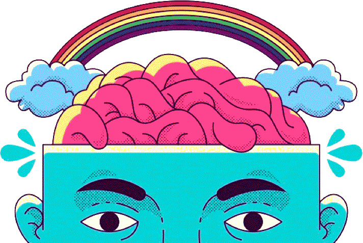 illustration by E·the·re·al'' of a cartoon person's head with a bright rainbow over their brain